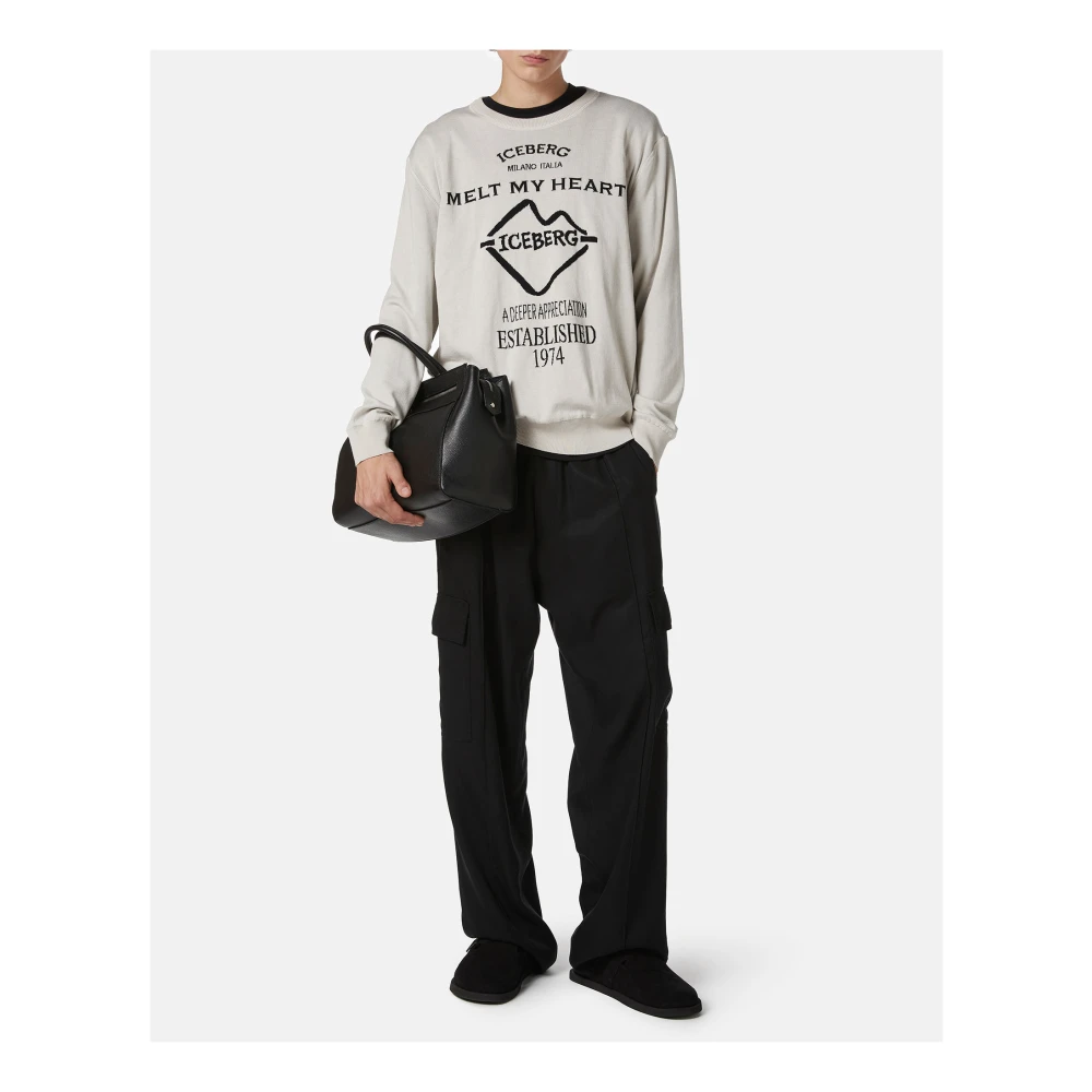 Iceberg IJsblauwe crewneck sweater in dubbel jacquard katoen met graphics Beige Heren