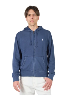 Blå Tvättad Hoodie med Full Dragkedja