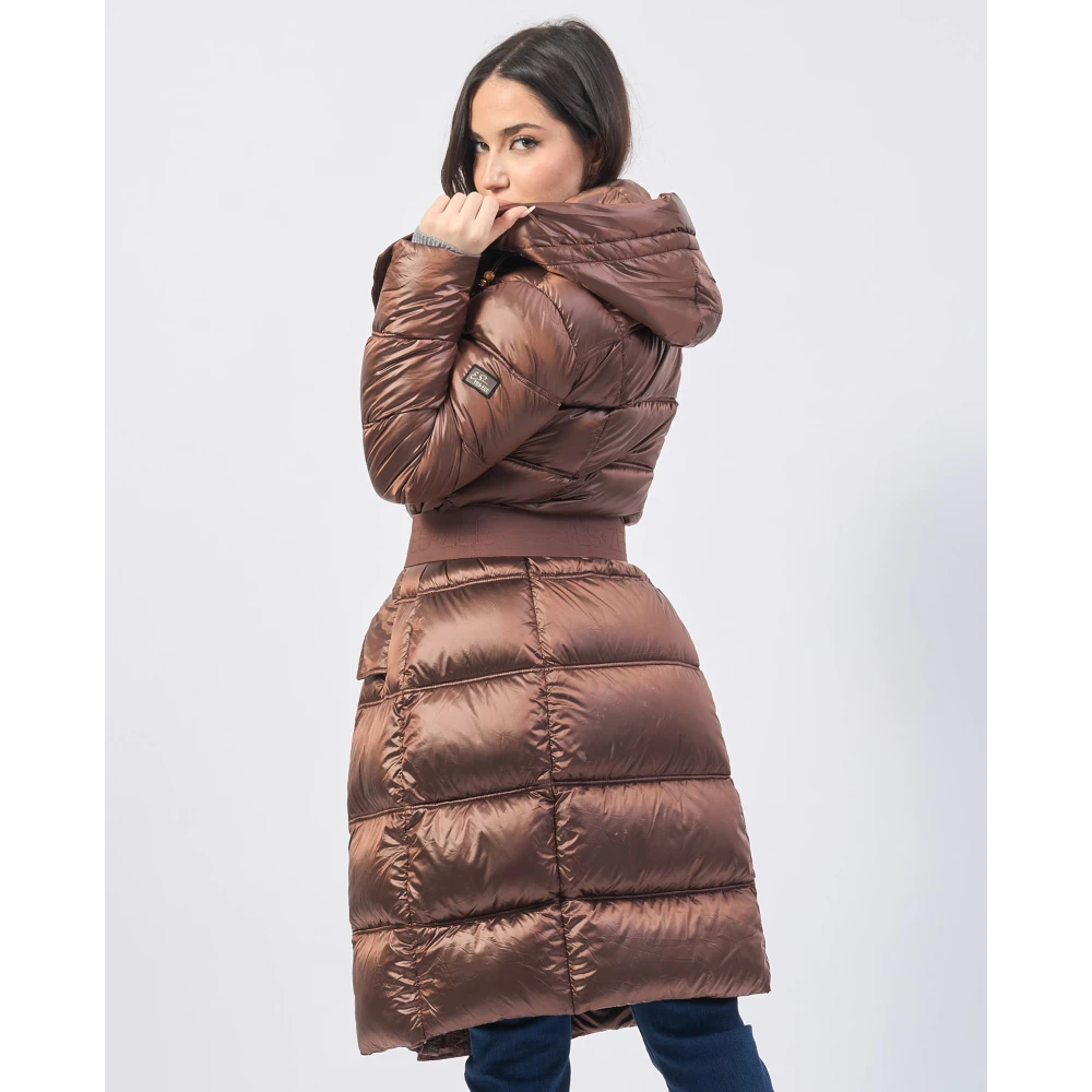 YES ZEE Bruine Gewatteerde Lange Jas met Capuchon Brown Dames