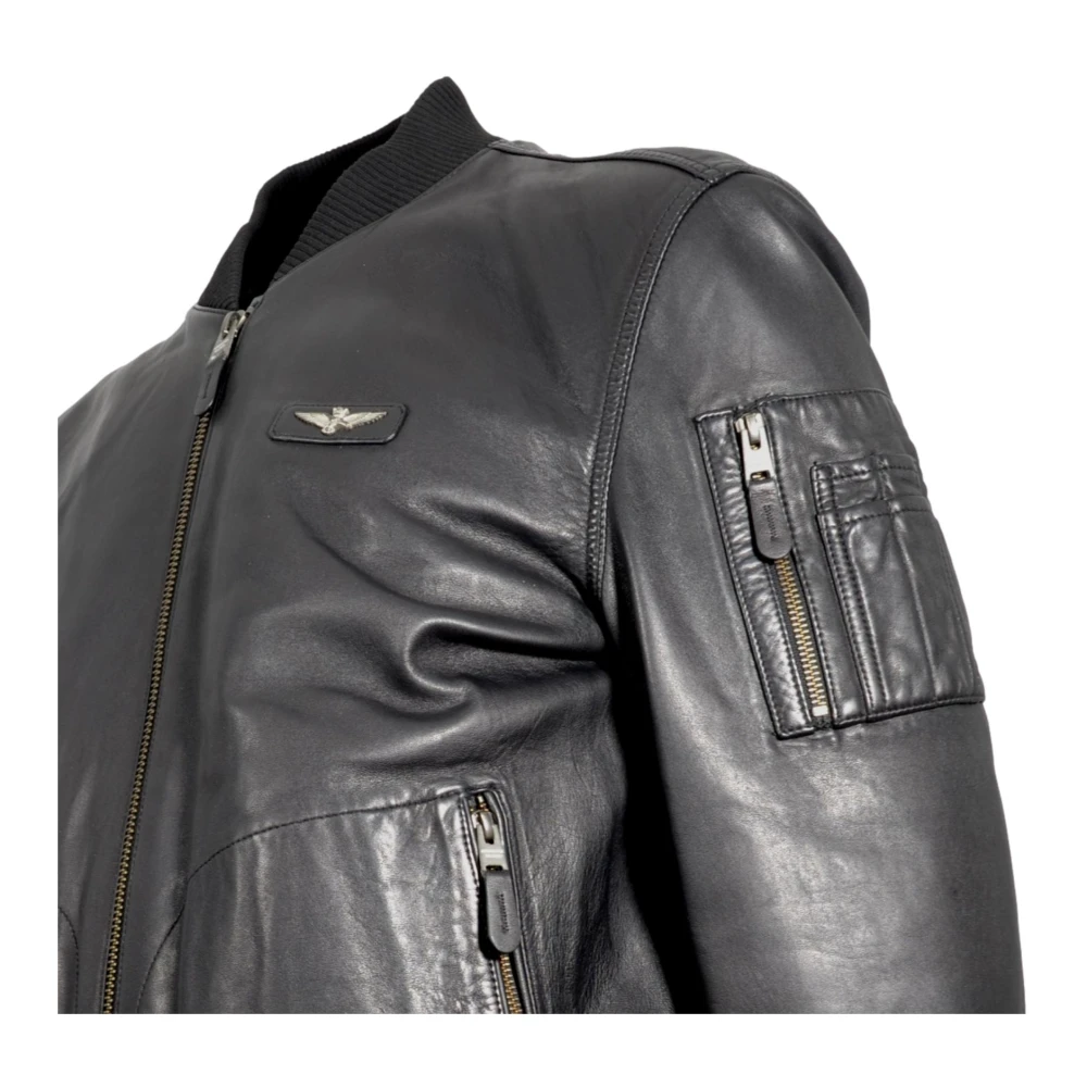 aeronautica militare Zwarte leren bomberjack met metalen adelaar Black Heren