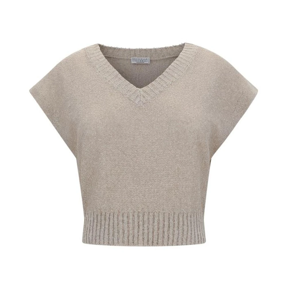 BRUNELLO CUCINELLI Pailletdetail Linnen Mouwloze V-hals Top Beige Dames
