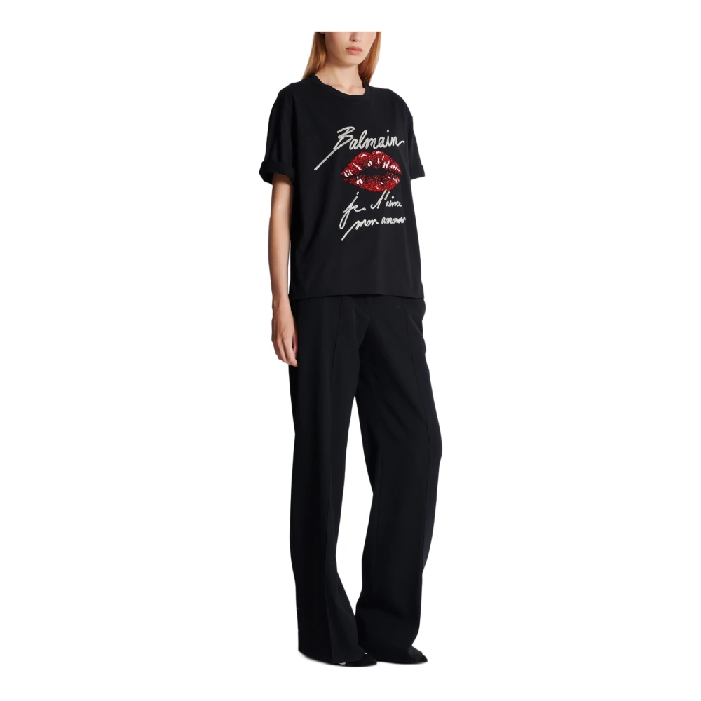 Balmain T-shirt met kus borduurwerk en korte mouwen Black Dames