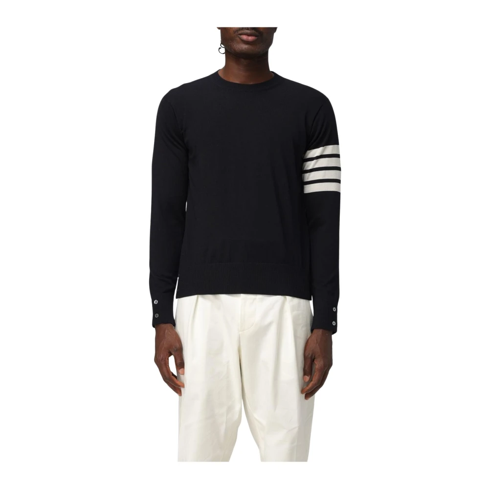 Thom Browne Men's Blue Crew Neck Knitwear With Long Sleeves And Buttoned Cuffs