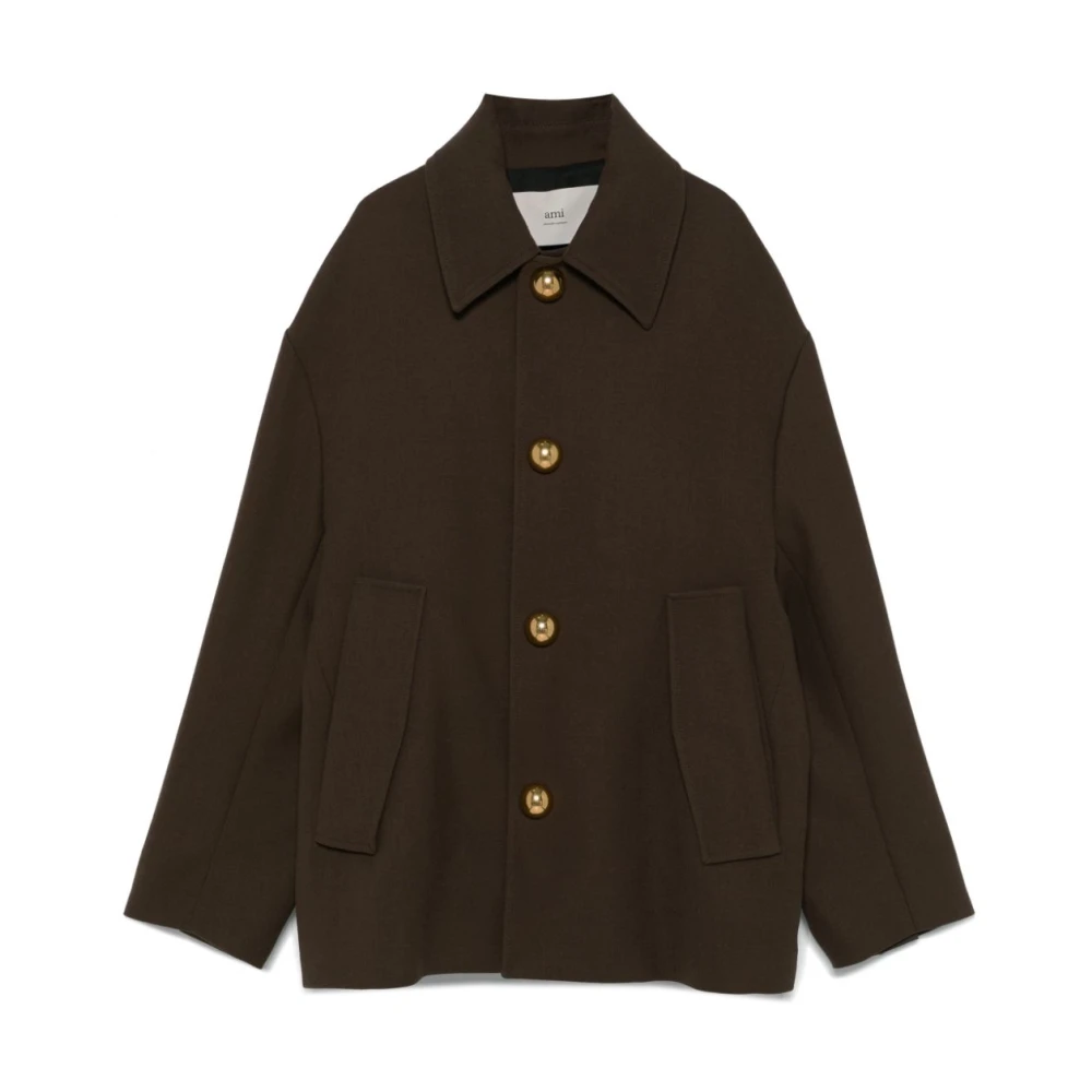 Ami Paris Women's Brown Single-Breasted Coats, L, Wool Casual Coat