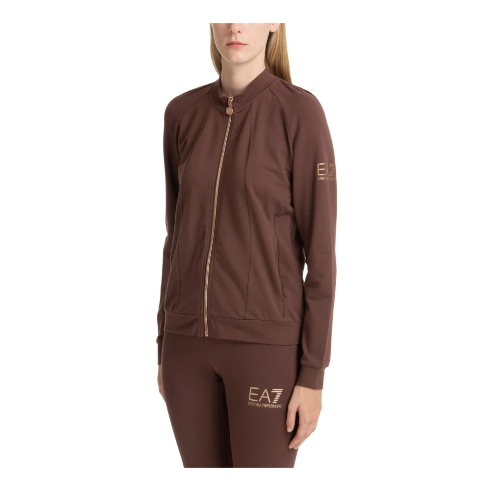 Emporio Armani EA7 Effen Sweatshirt met Rits en Logo Brown Dames