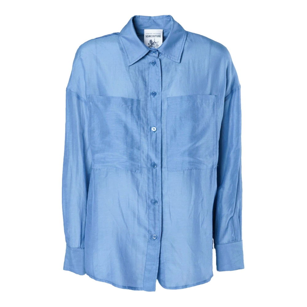 Semicouture Blauwe Zijdeblend Overhemd Puntkraag Blue Dames