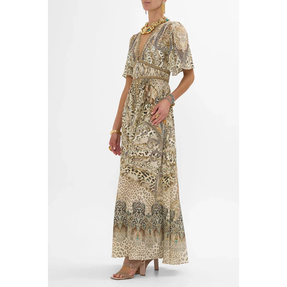 Camilla Zijden jurk met vlindermouwen Majestueuze vleugel Beige Dames