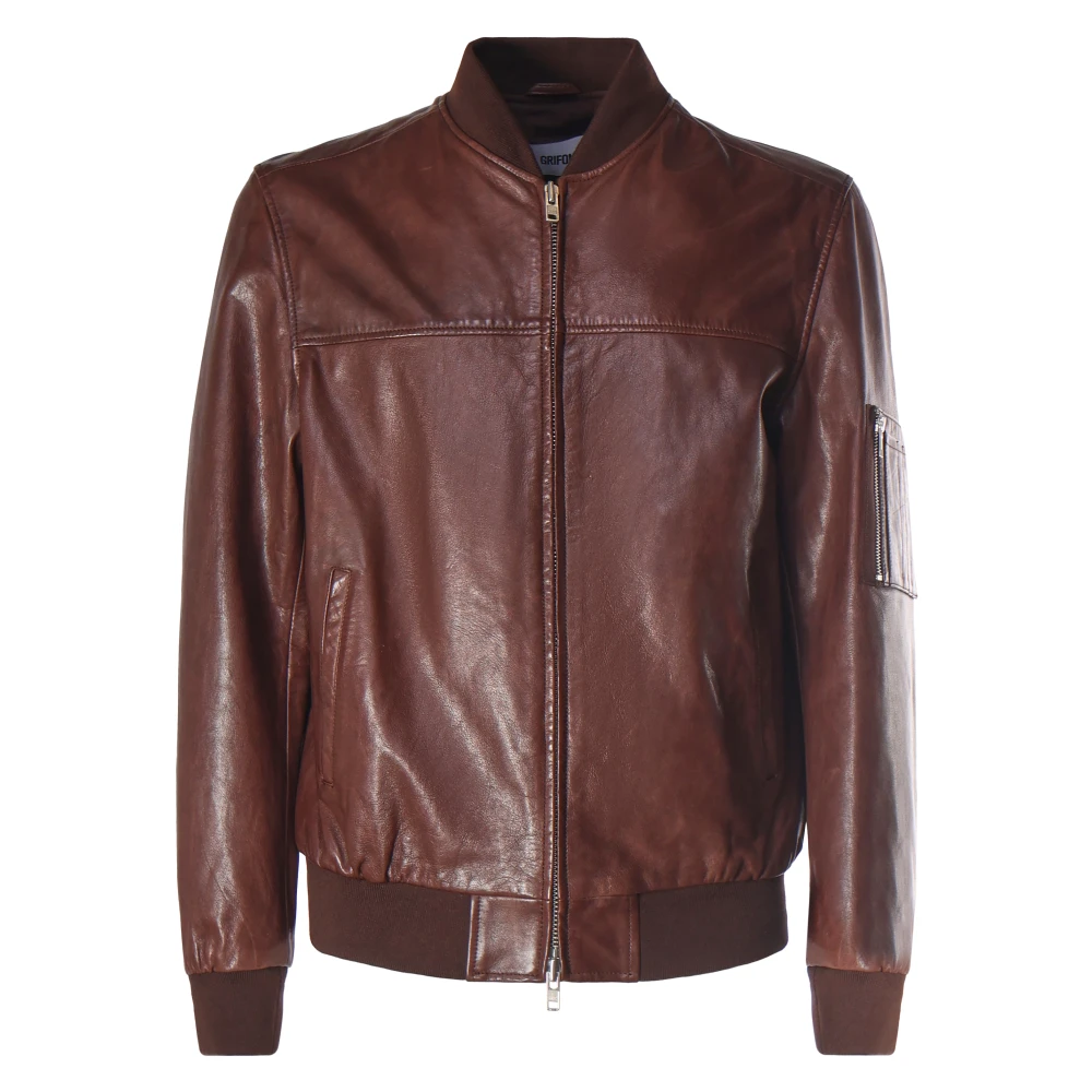 Mauro Grifoni Bruine Leren Jas Rits Sluiting Brown Heren