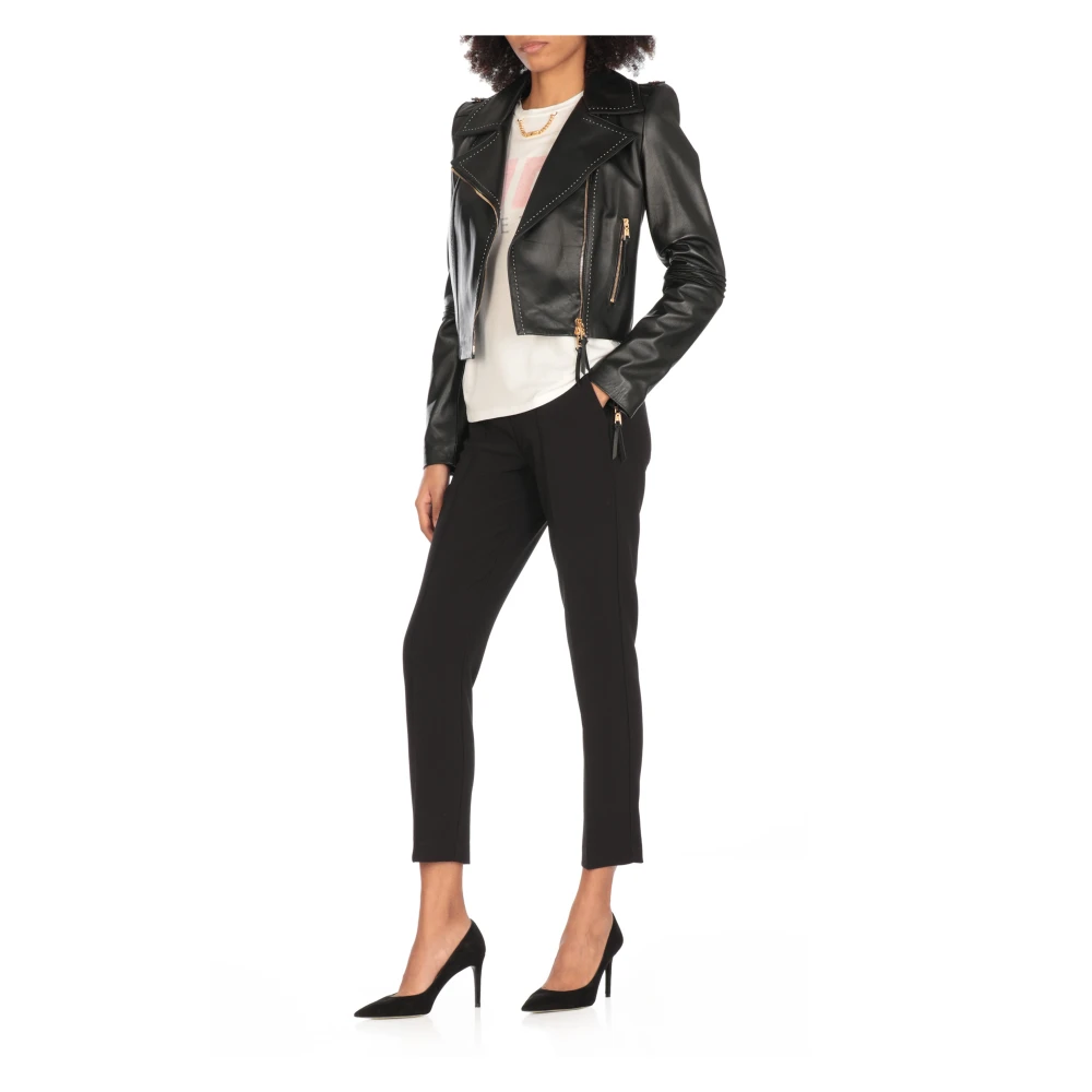 Elisabetta Franchi Zwarte leren jas met ritssluiting zakken Black Dames