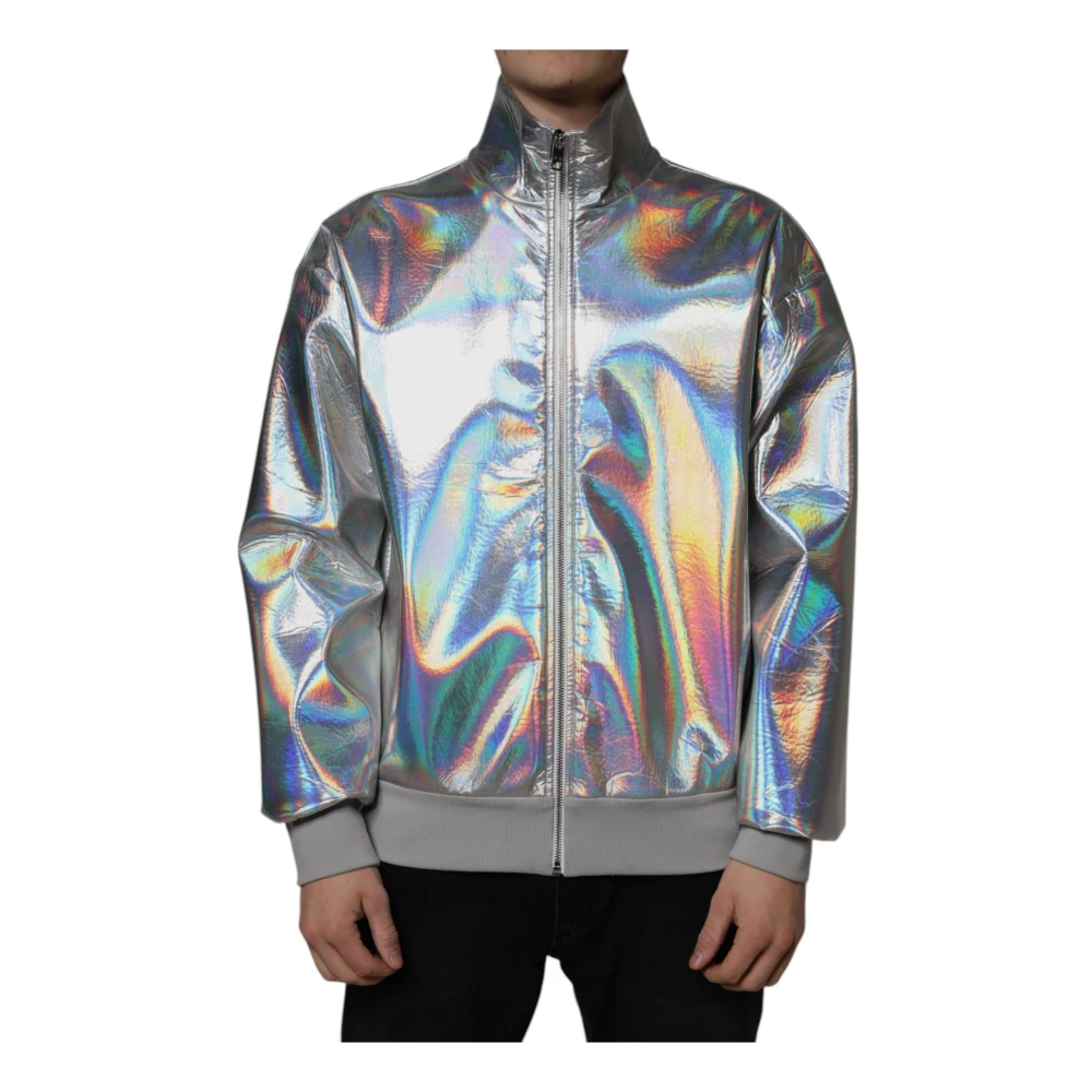 Dolce & Gabbana Men's Gray Iridescent Bomber Jacket With Logo Details