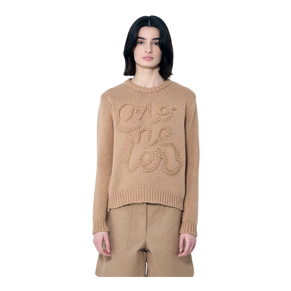Moncler Geborduurde Logo Katoenen Gebreide Trui Beige Dames