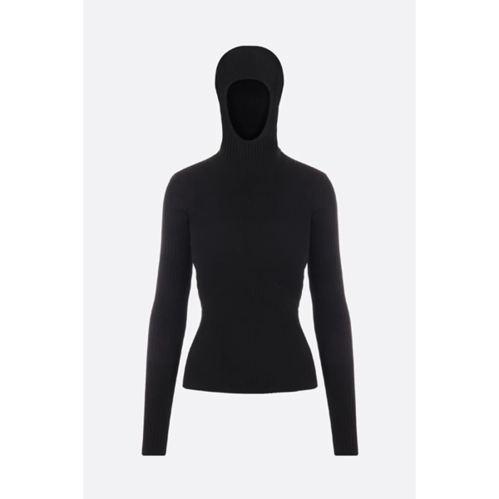 Andrea Adamo Zwarte Geribbelde Stretch Coltrui met Capuchon Black Dames