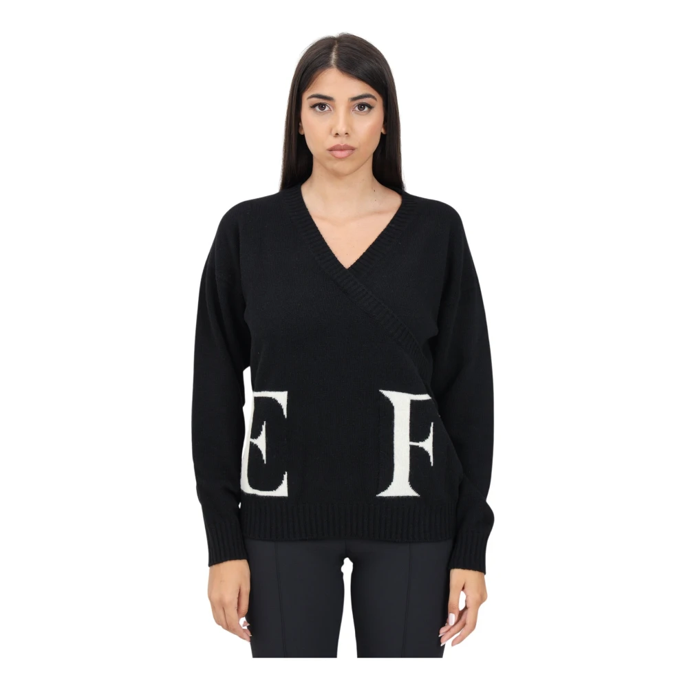 Elisabetta Franchi Zwarte V-hals trui met logo-inleg Black Dames