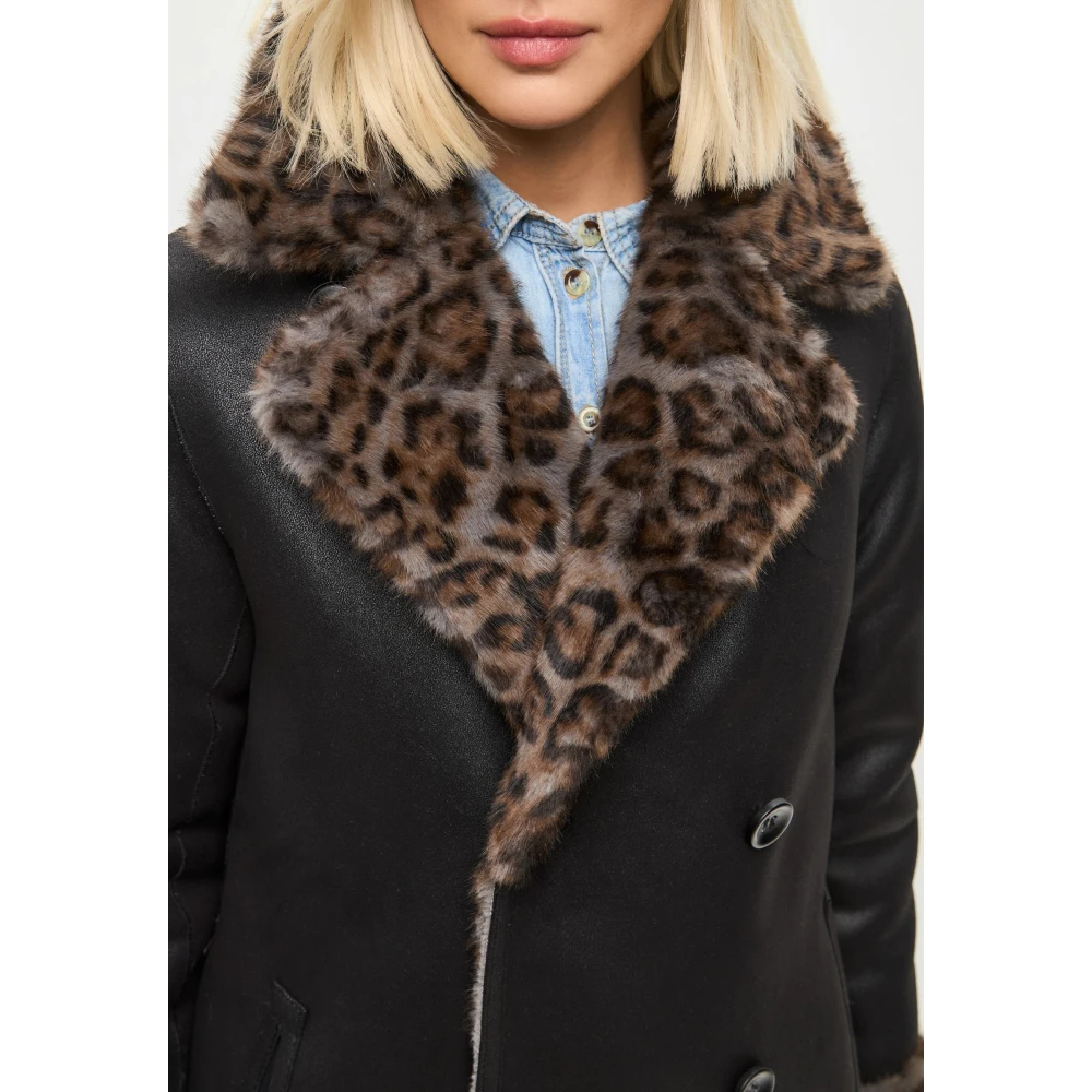 Cesare Gaspari Omkeerbare Faux Animal Print Shearling Lange Jas Black Dames