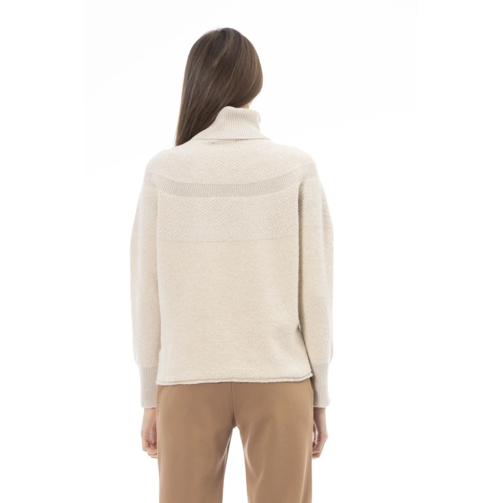 Alpha Studio Trui Lange Mouw Geribbelde Zoom Beige Dames