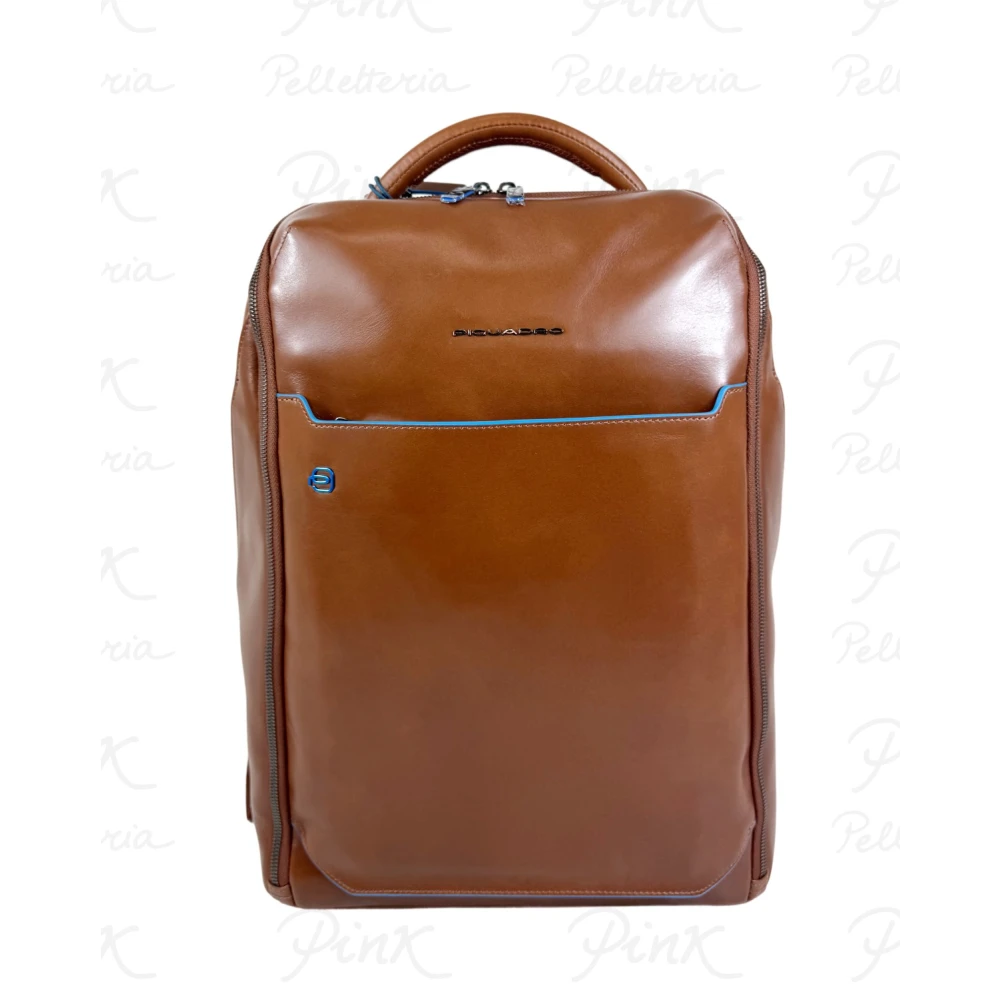 Piquadro Men's Brown Two-Compartt Leather Laptop Backpack 15.6"