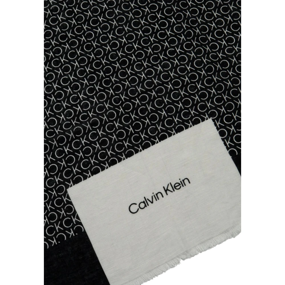Calvin Klein Zwart Bedrukte Sjaal Katoen-Linnen Mix Black Dames