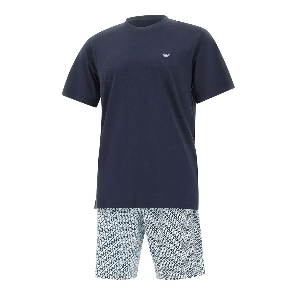 Emporio Armani Herr Blå Nattkläder S, Bomull, Mönstrade Pyjamas I Jersey Med Bermudashorts