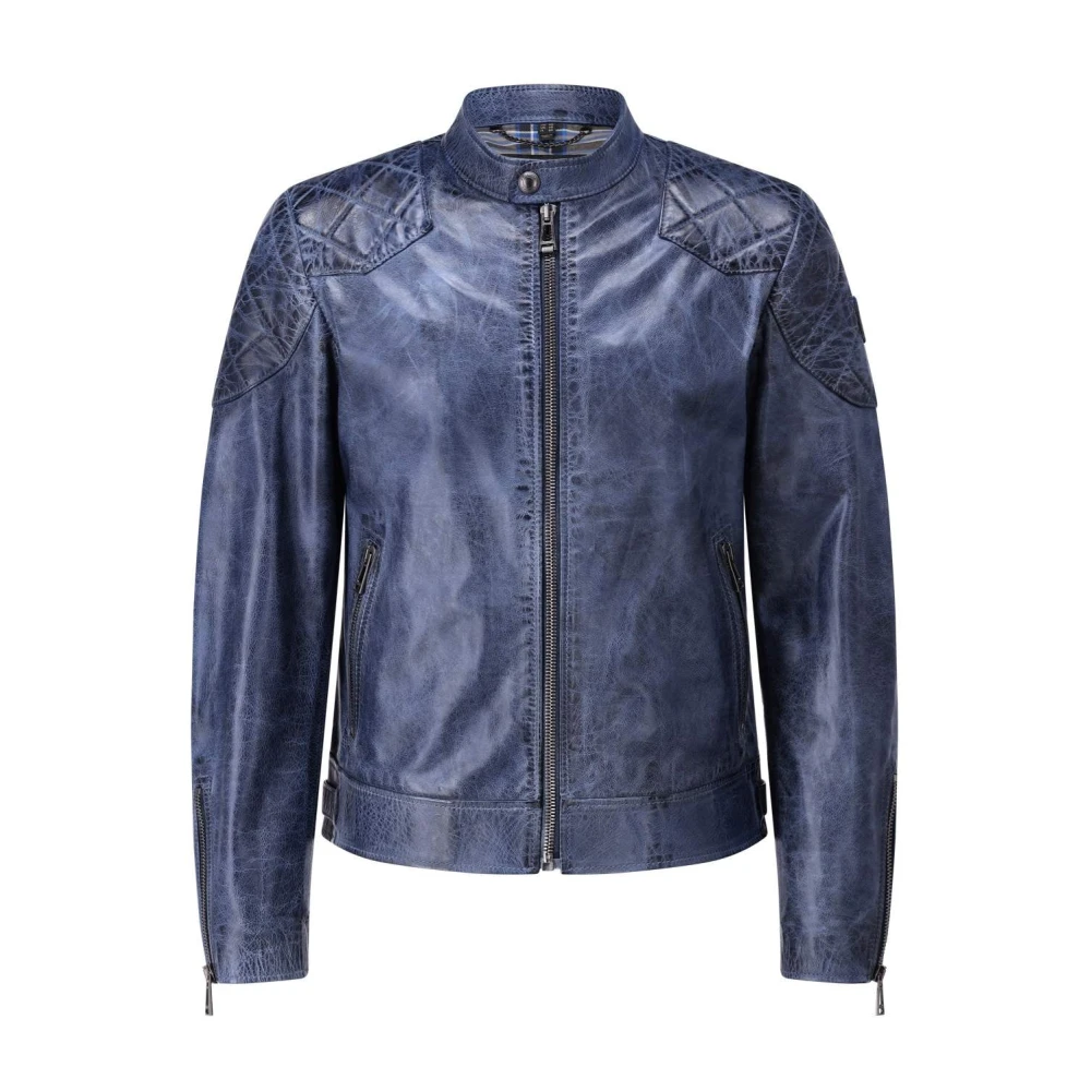 Belstaff Vintage Leren Jas met Opstaande Kraag Blue Heren