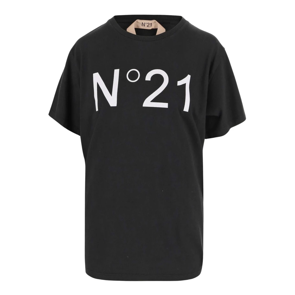 N21 Katoenen T-shirt Ronde Hals Logo Zwart Black Dames
