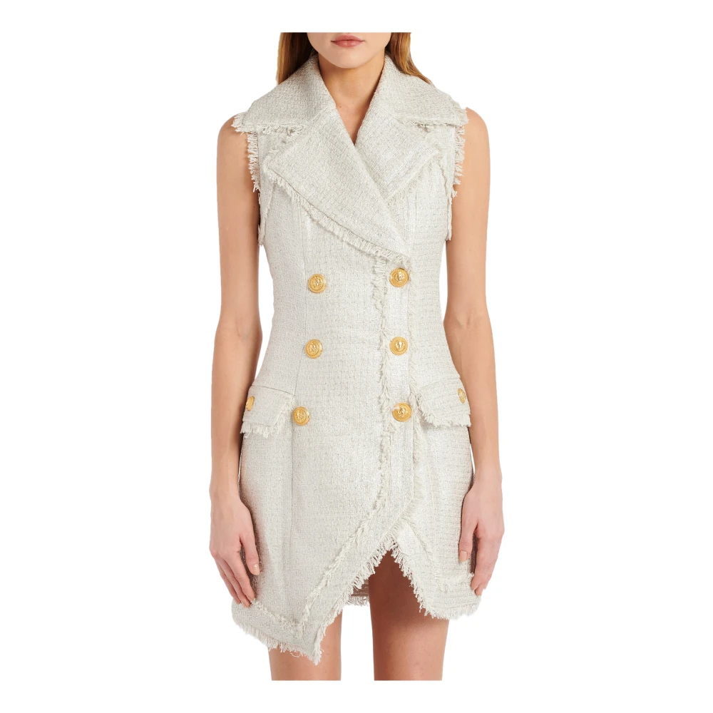 Balmain Asymmetrische tweed jurk met 6 knopen Gray Dames