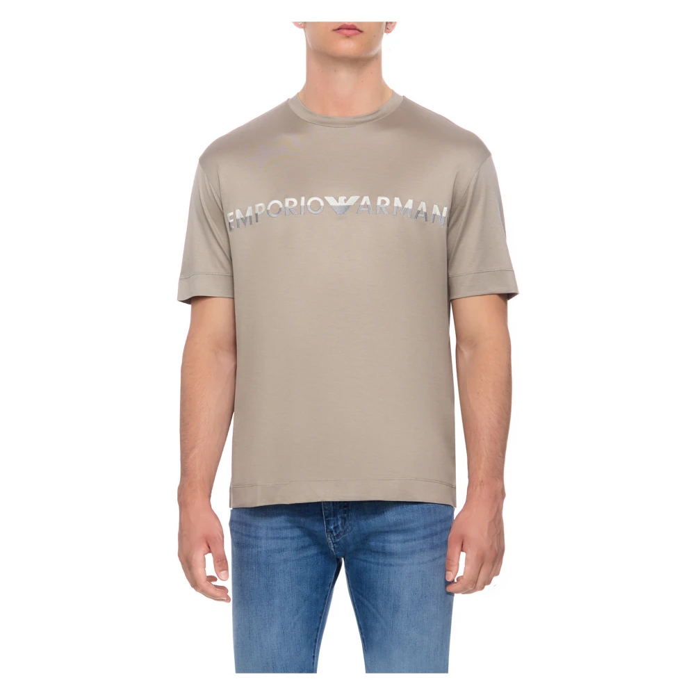 Emporio Armani Jersey Katoenen en Lyocell T-shirt met Geborduurd Logo Beige Heren