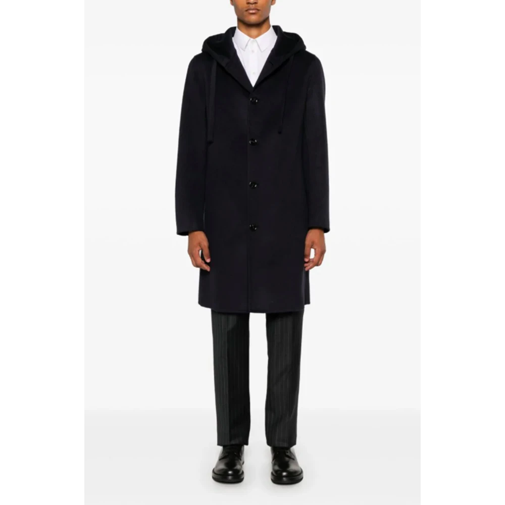 Lardini Blauwe Wol Trekkoord Hood Jas Blue Heren