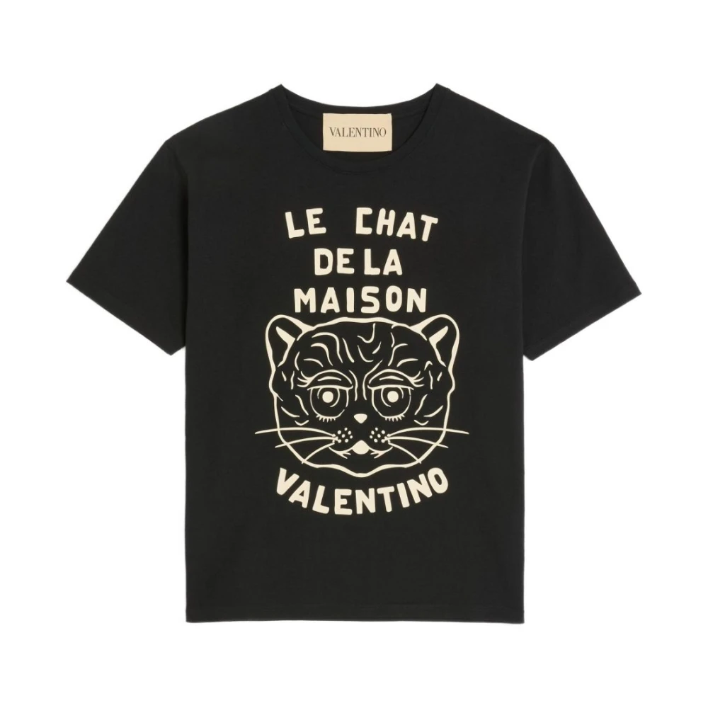 Valentino Black T-Shirts, Male, L, Le Chat De La Maison Cotton T-Shirt