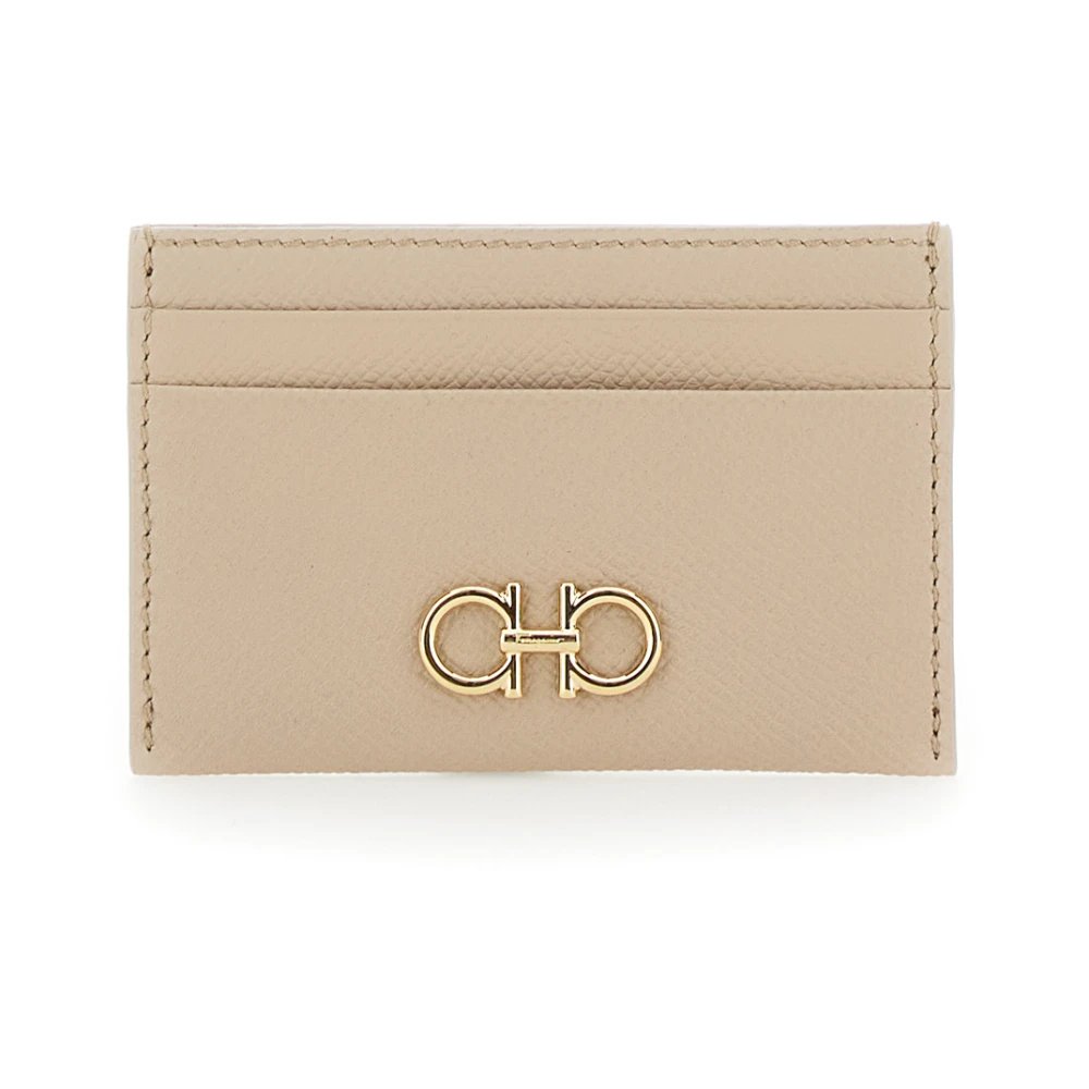 Salvatore Ferragamo Beige Gancini Detail Leren Kaarthouder Beige Dames