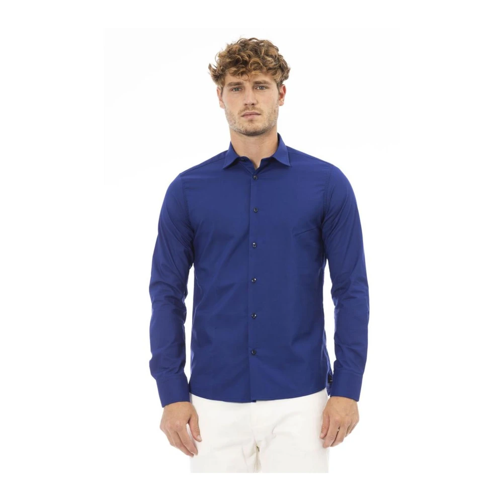 Baldinini Blauw Polyester Overhemd met Italiaanse Kraag Blue Heren
