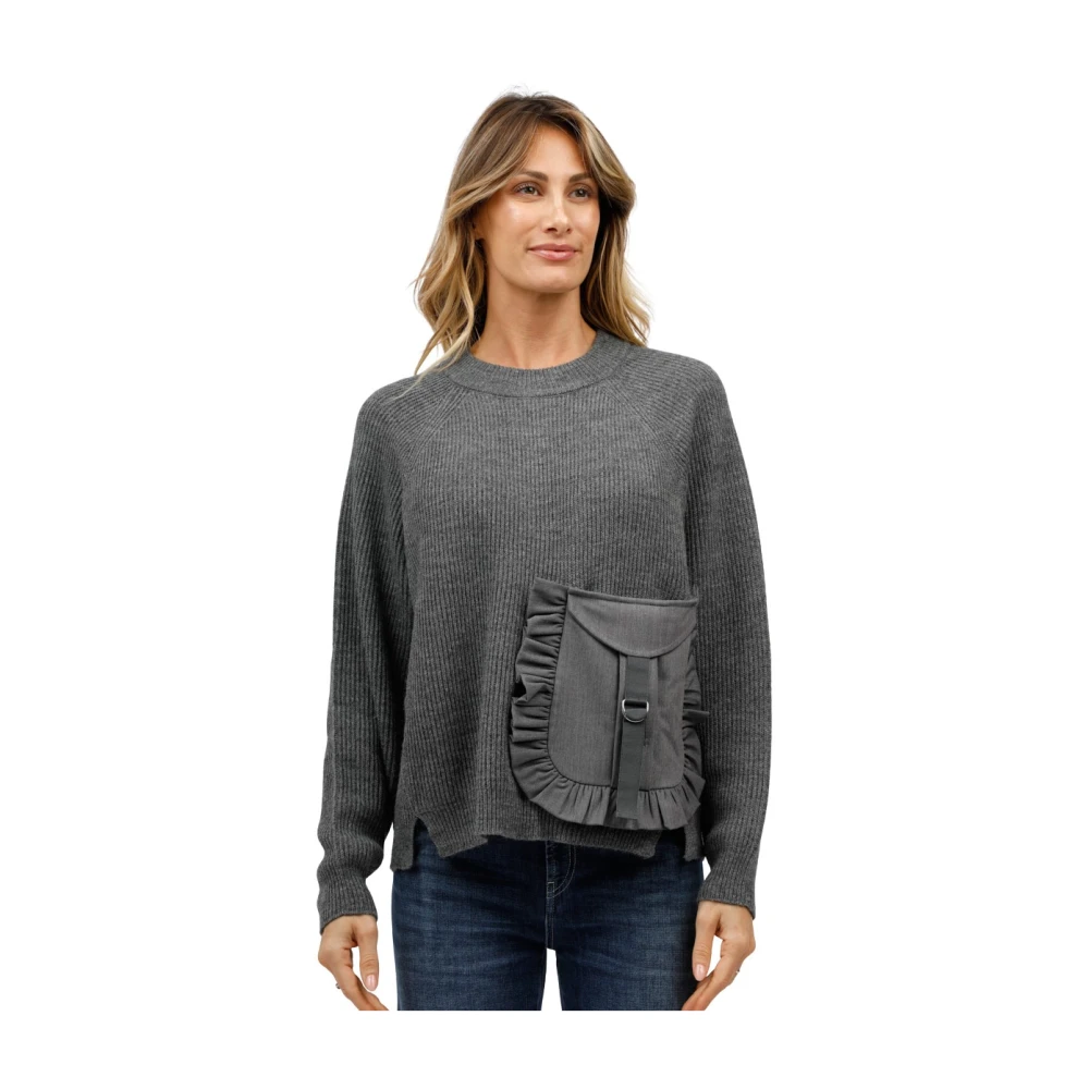 MeiMeiJ Raglanmouw Ronde Hals T-shirt met Zak Gray Dames