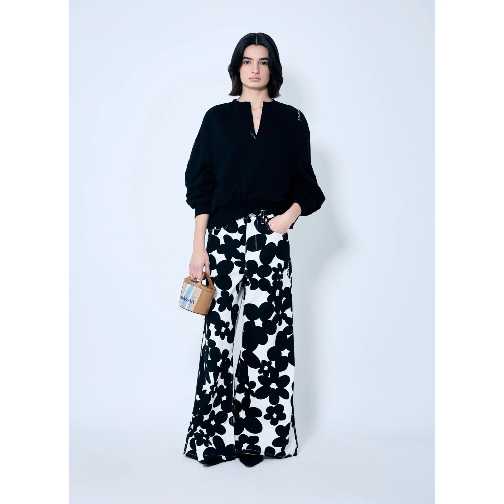 Marni Handtekening Topstitch V-Hals Sweatshirt Black Dames