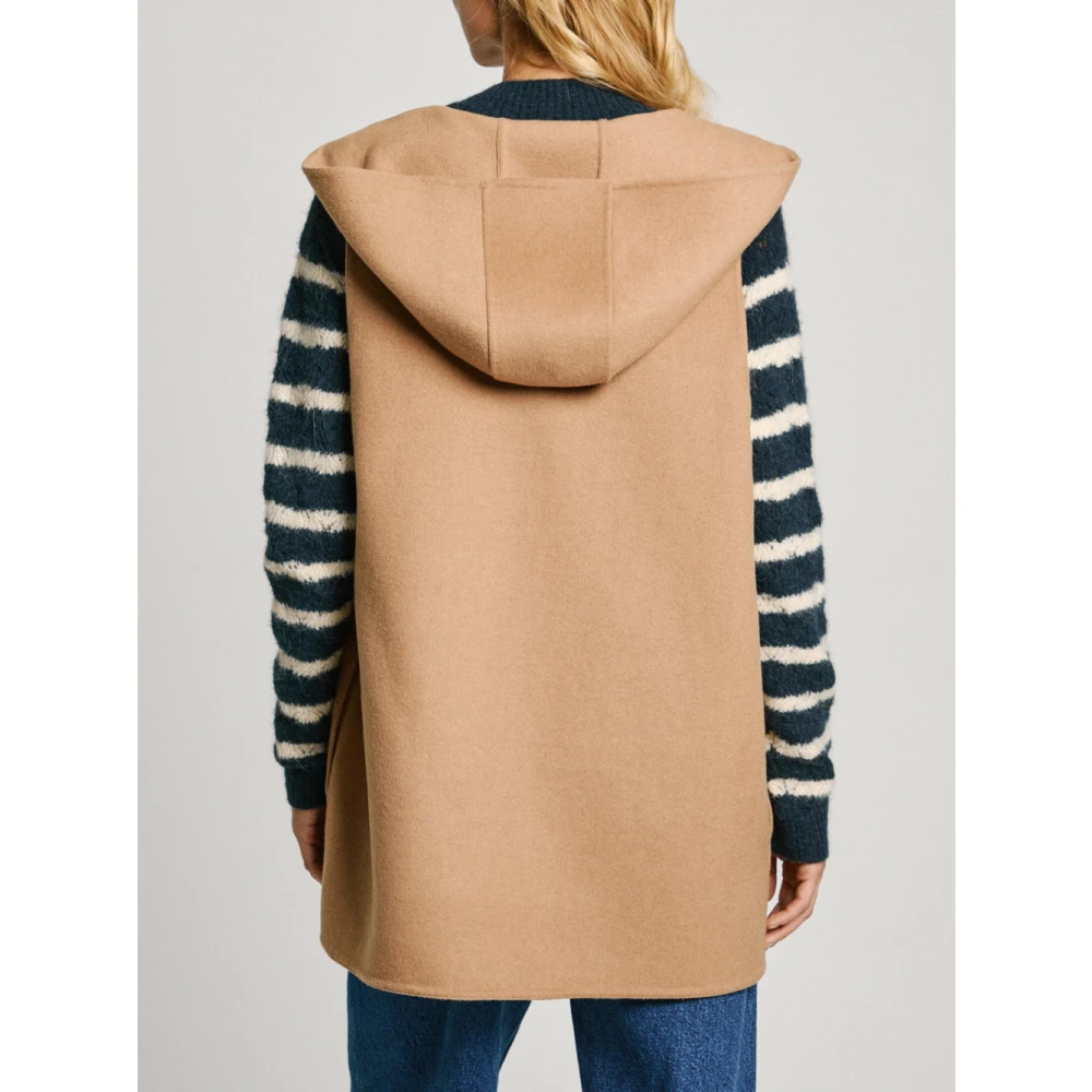Pepe Jeans Bruine Wollen Mouwloze Hoodie Jas Brown Dames