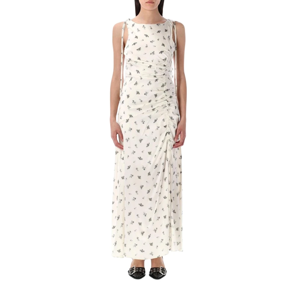 Ganni Women's White Floral Print Sleeveless Maxi Dress With Drawstring Detail