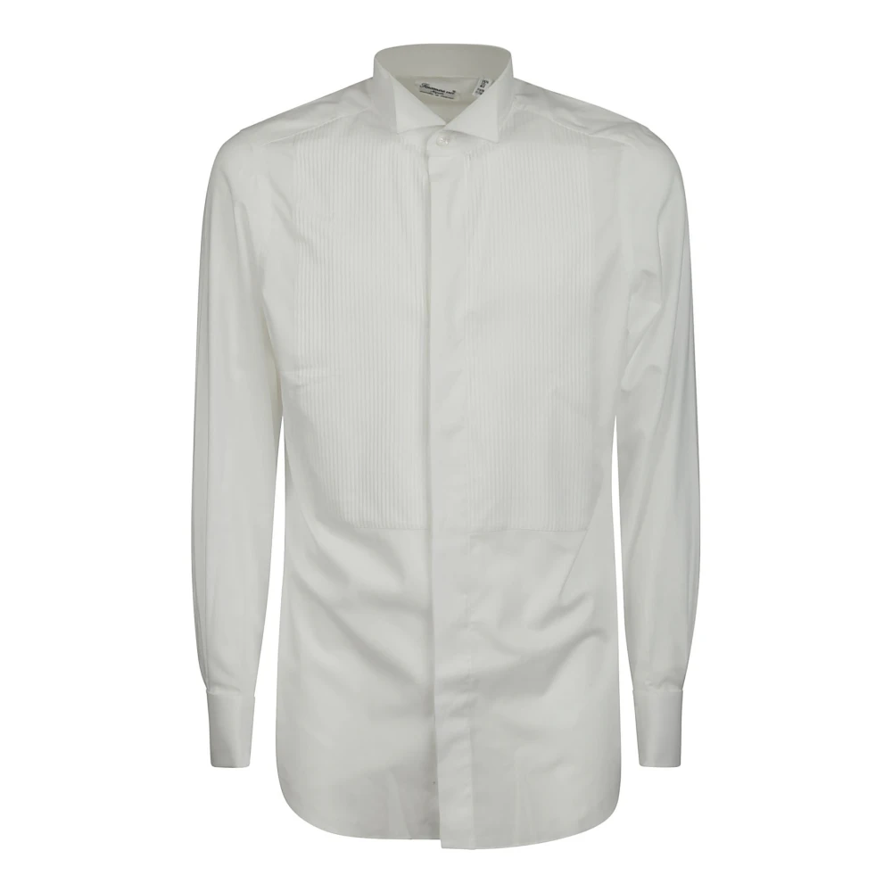 Finamore Witte Katoenen Smoking Overhemd met Geplooide Detail White Heren