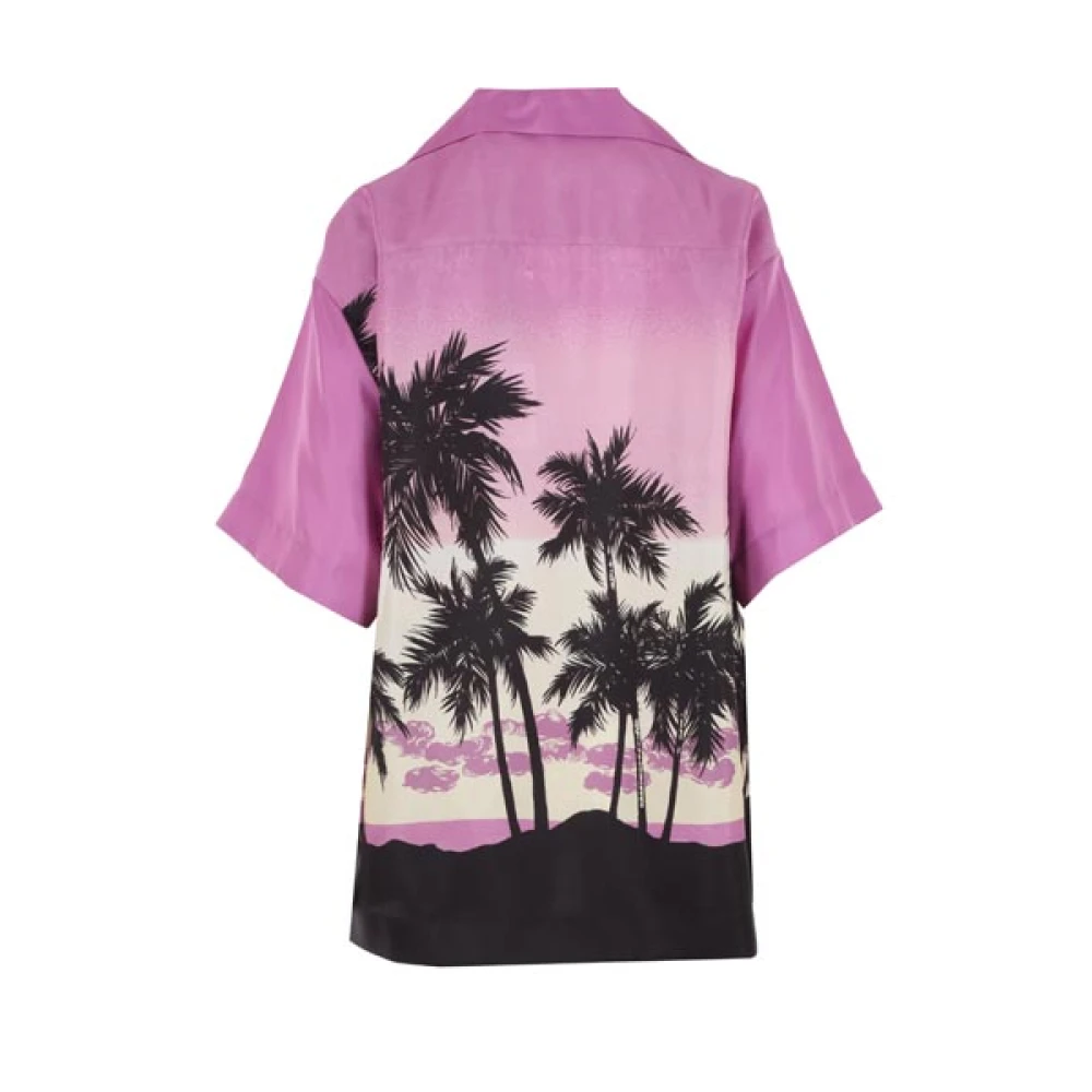 Palm Angels Oversized Zijden Twill Bowling Shirt met Sunset Print Purple Dames