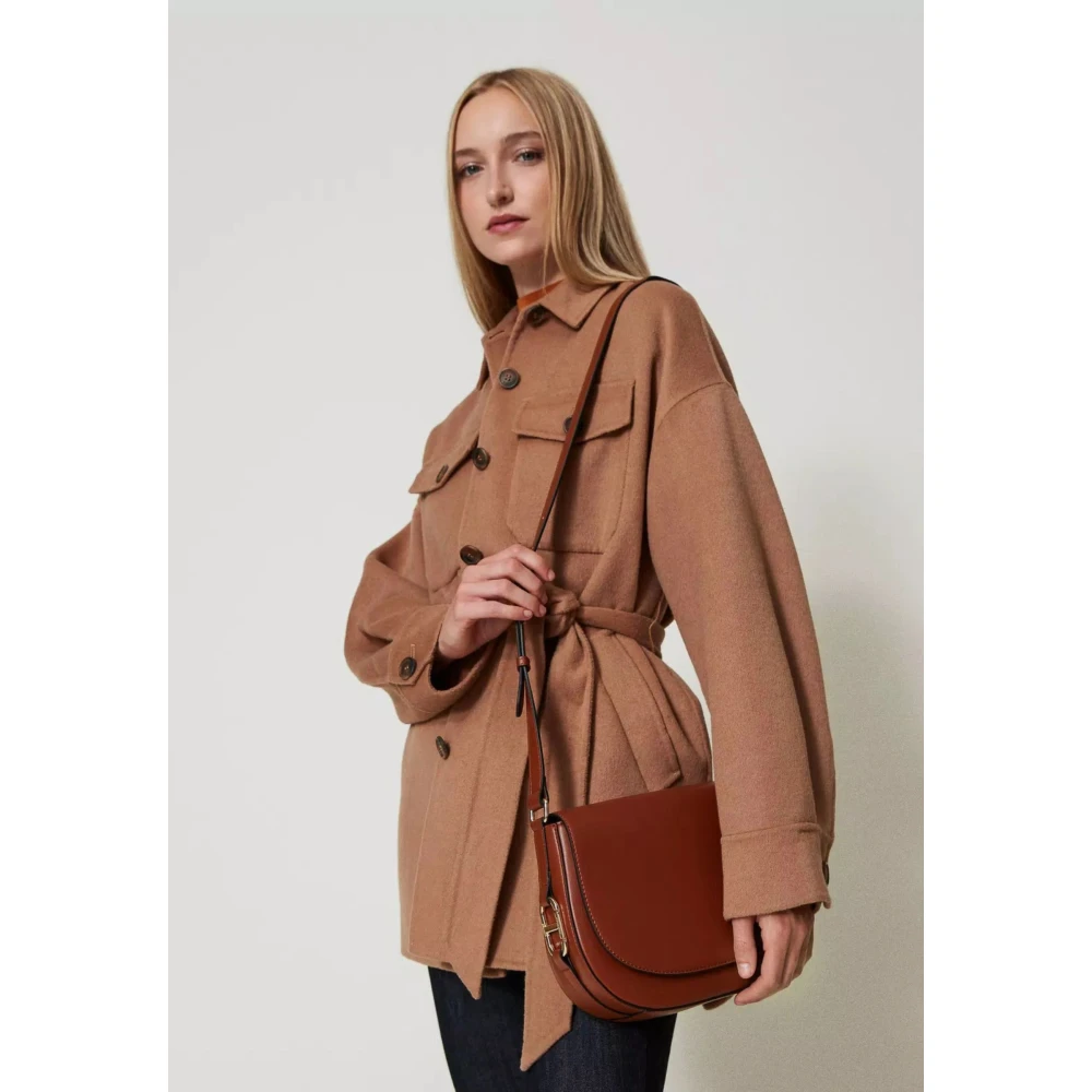 Twinset Bruine leren schoudertas ronde vorm Brown Dames