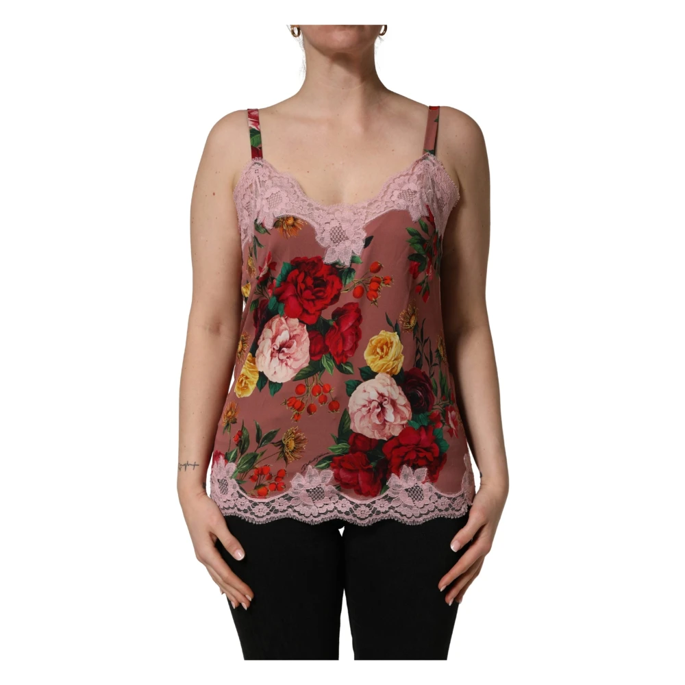 Dolce & Gabbana Women's Multicolor Rose Print Silk Camisole With Lace Trim - Sleeveless Tops - Xs - Tops