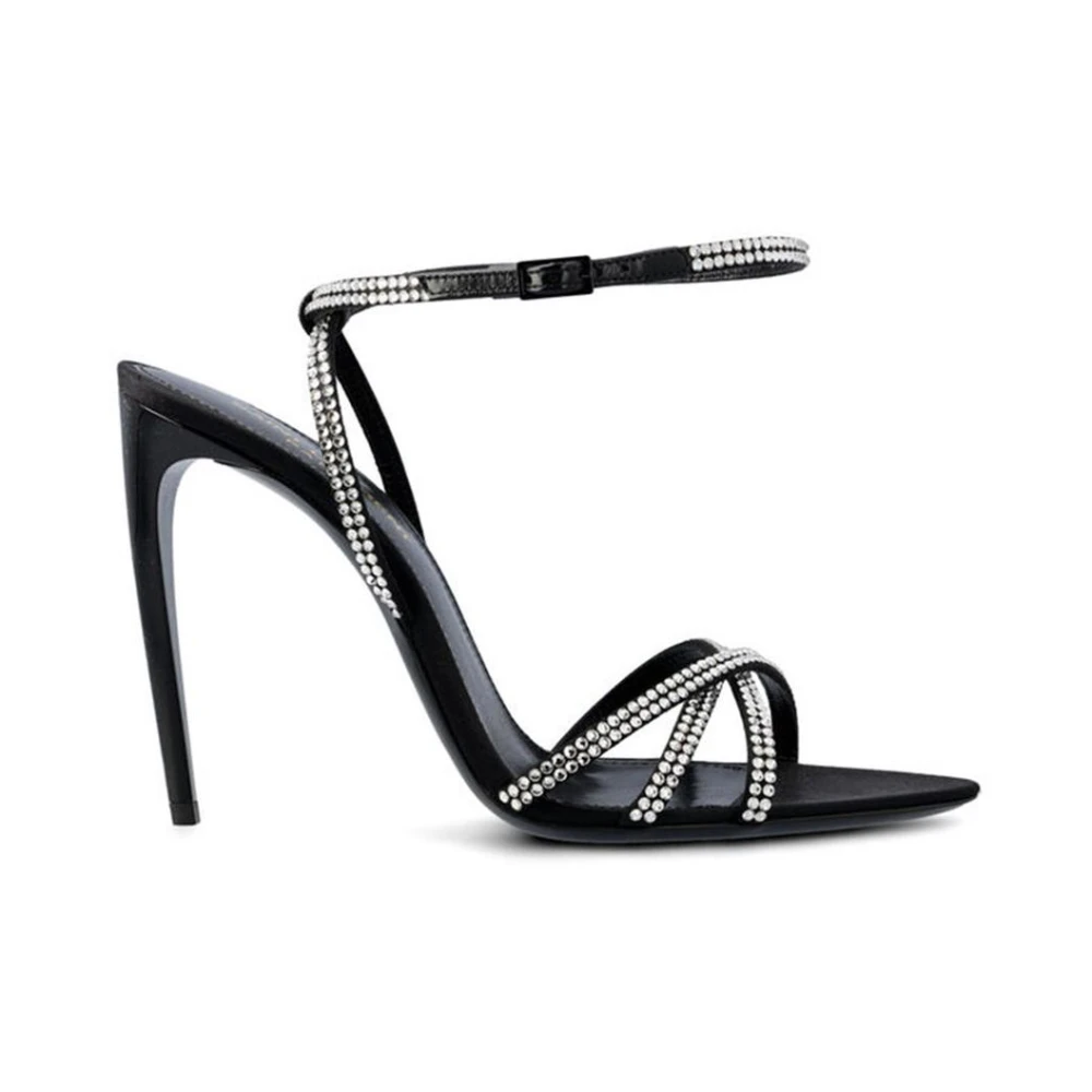 Saint Laurent Women's Black Stiletto Open Toe Sandals With Buckle And Bow