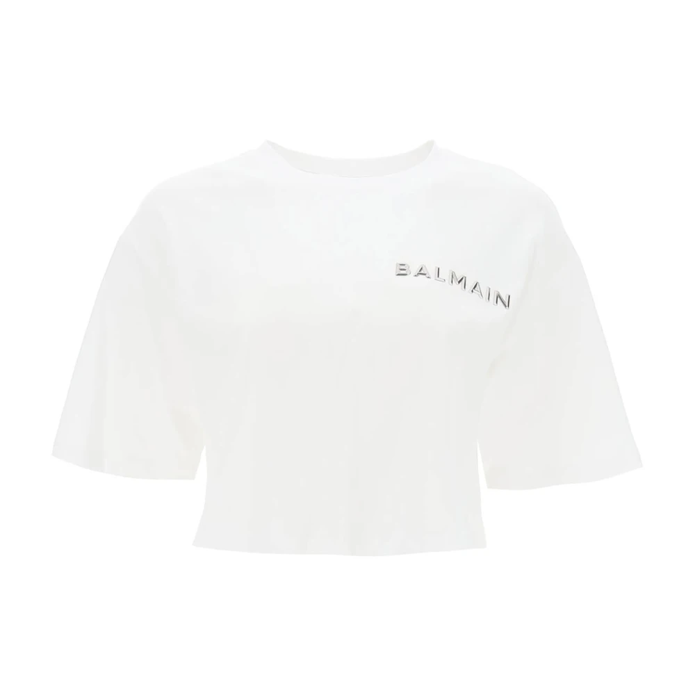Balmain Cropped T-Shirt met Metallic Logo White Dames