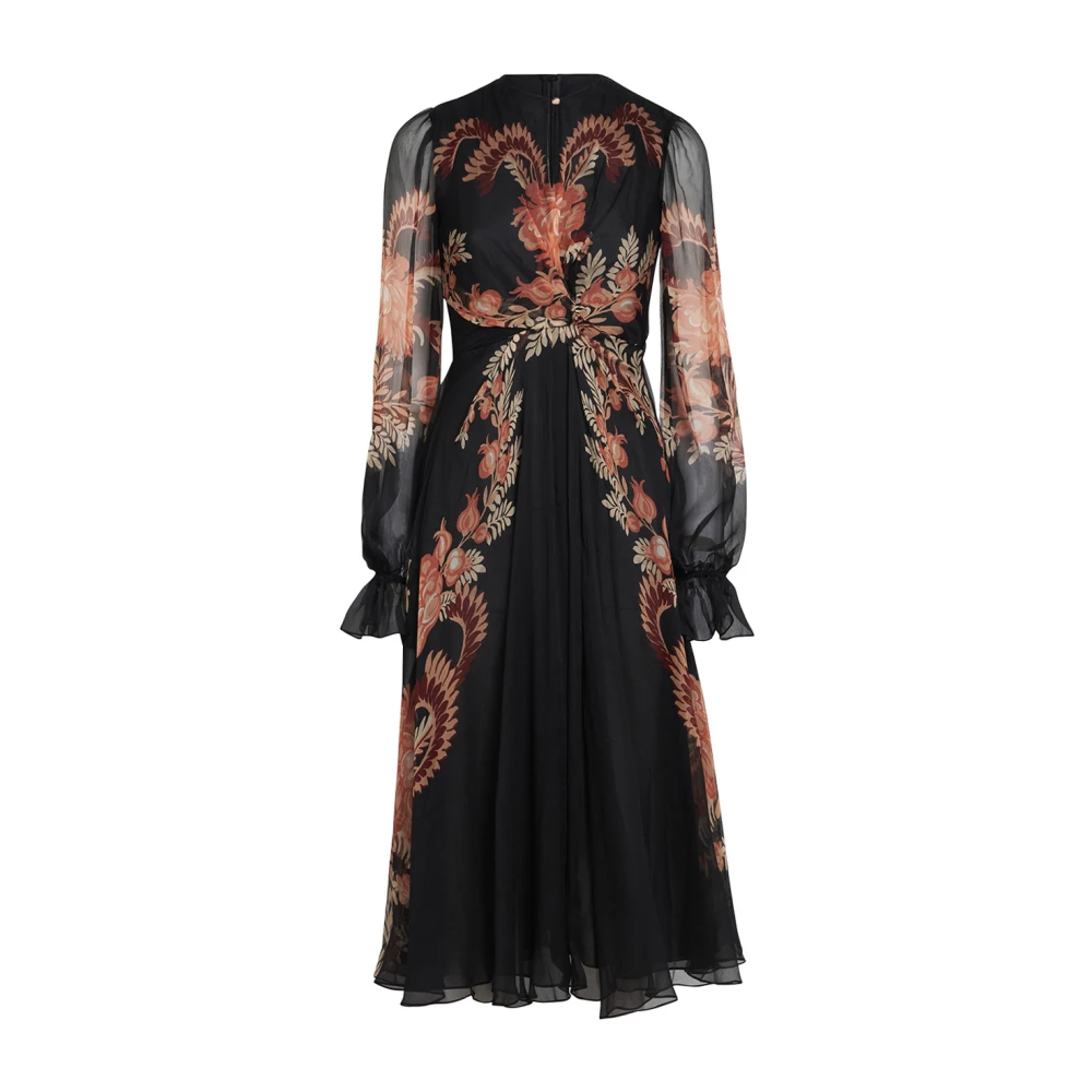 ETRO Bloemen Foliage Print Zijden Chiffon Jurk Black Dames