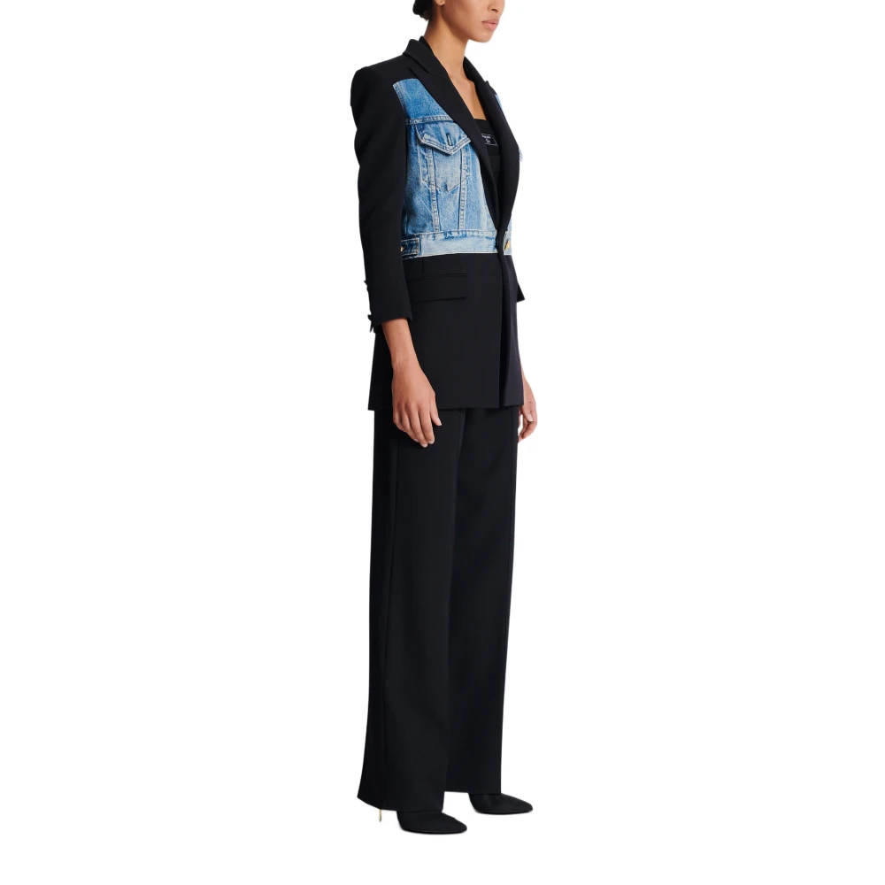 Balmain 1-knoop bi-materiaal jas Black Dames