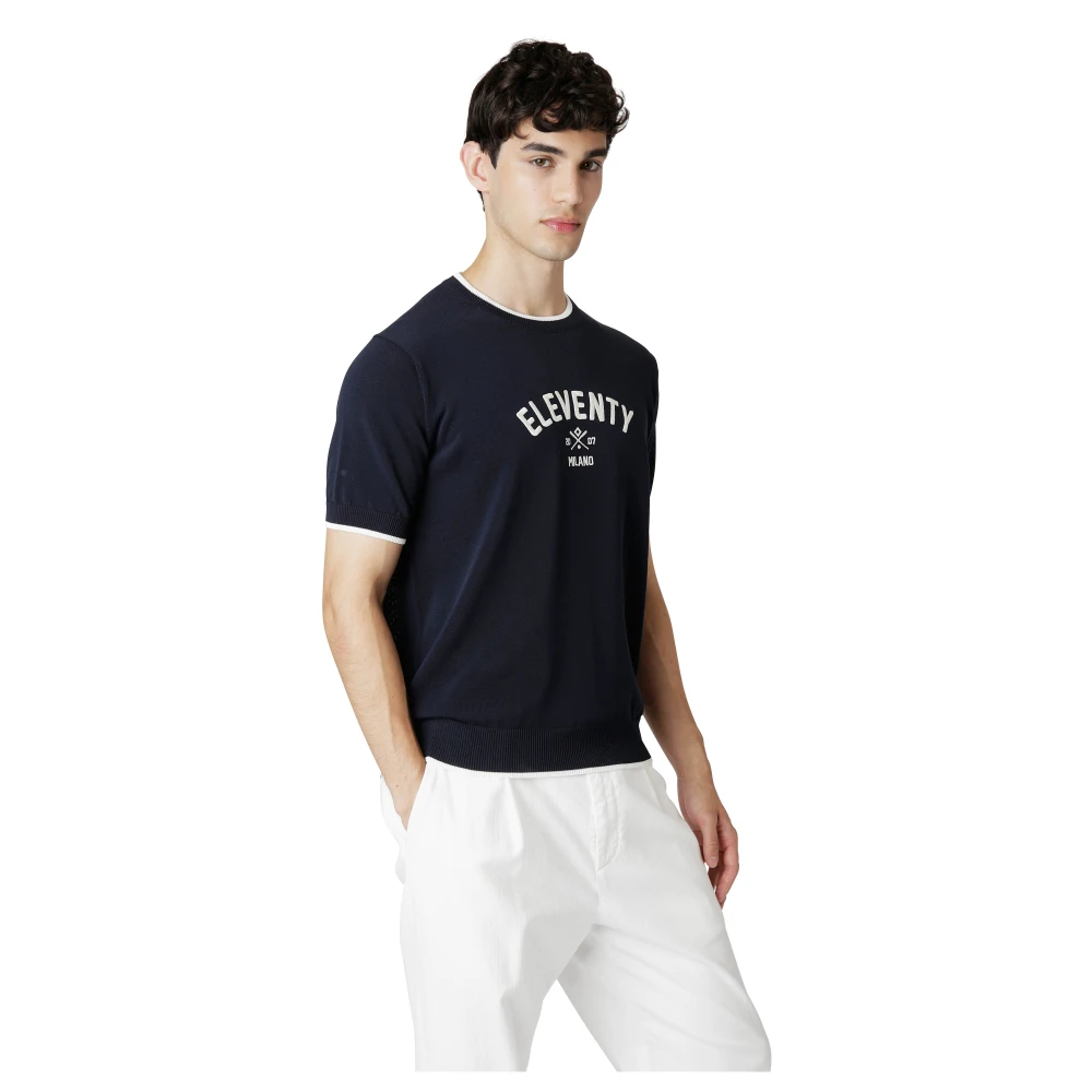 Eleventy Geborduurd Katoenen Ronde hals T-shirt Blue Heren