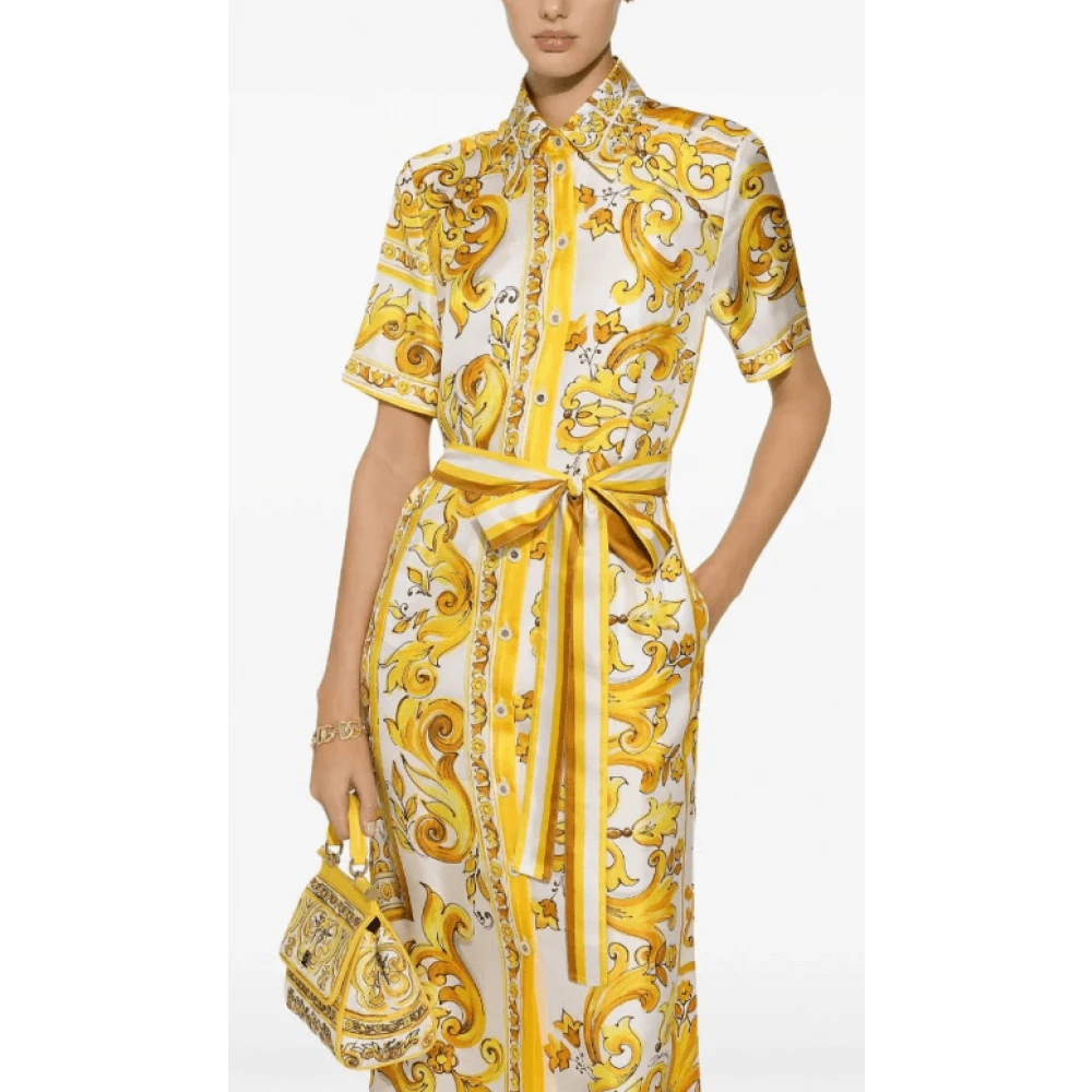 Dolce & Gabbana Majolica Print Zijden Midi Jurk Yellow Dames