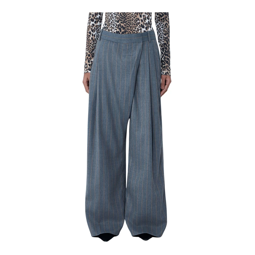 Ganni Women's Gray Wide Trousers, M, Wide-Leg Pinstripe Trousers