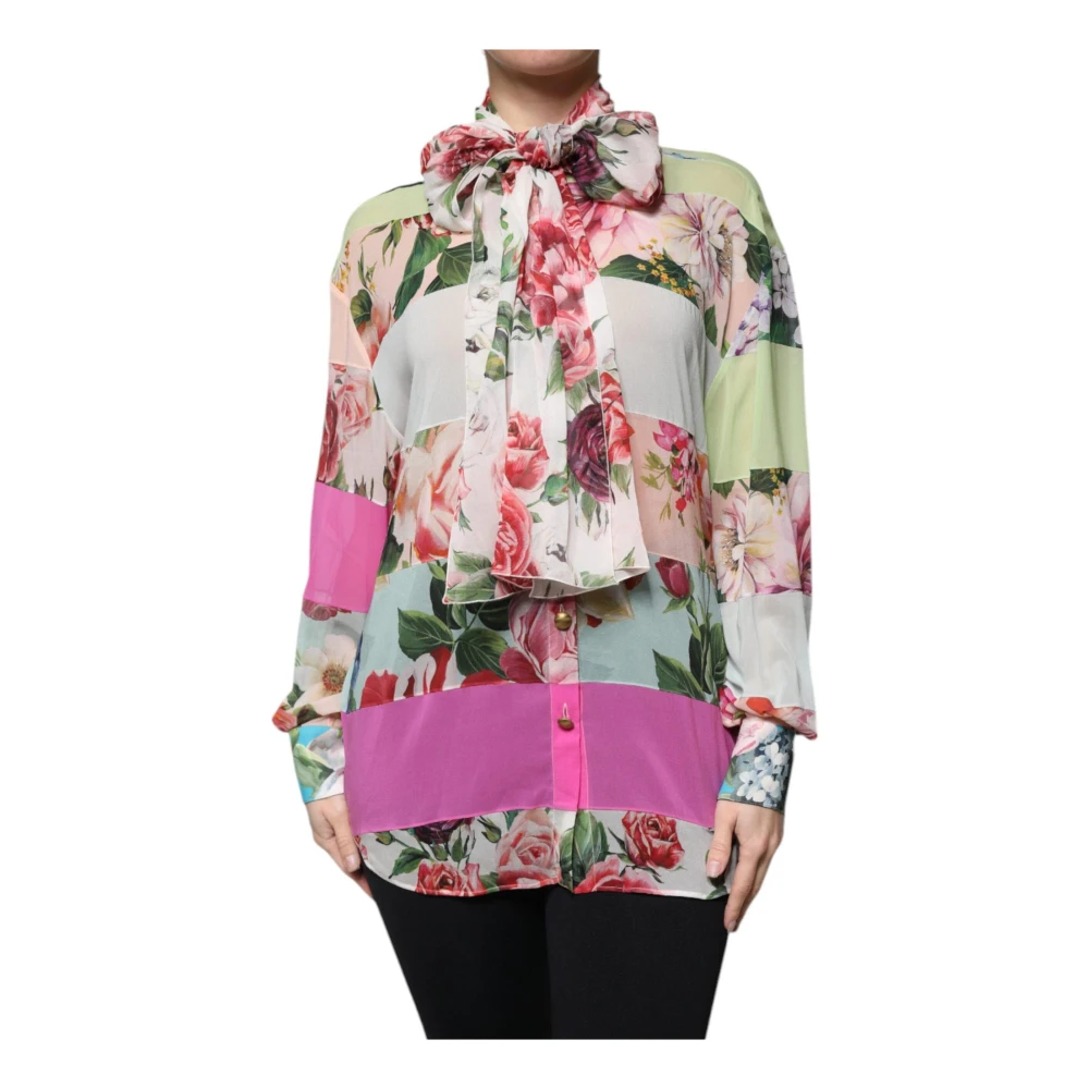 Dolce & Gabbana Bloemen Patchwork Ascot Kraag Zijden Top Multicolor Dames