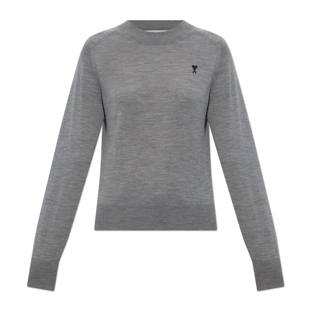 Ami Paris Women's Gray Round-Neck Knitwear, S, Wool Jumper With Embroidered Logo