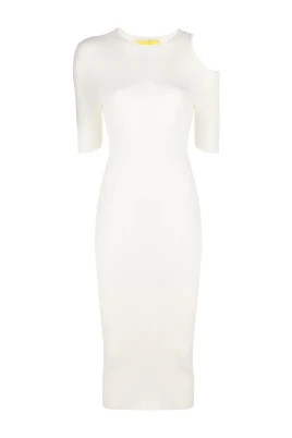 Beige Ribbad Cut-Out Midi Klänning