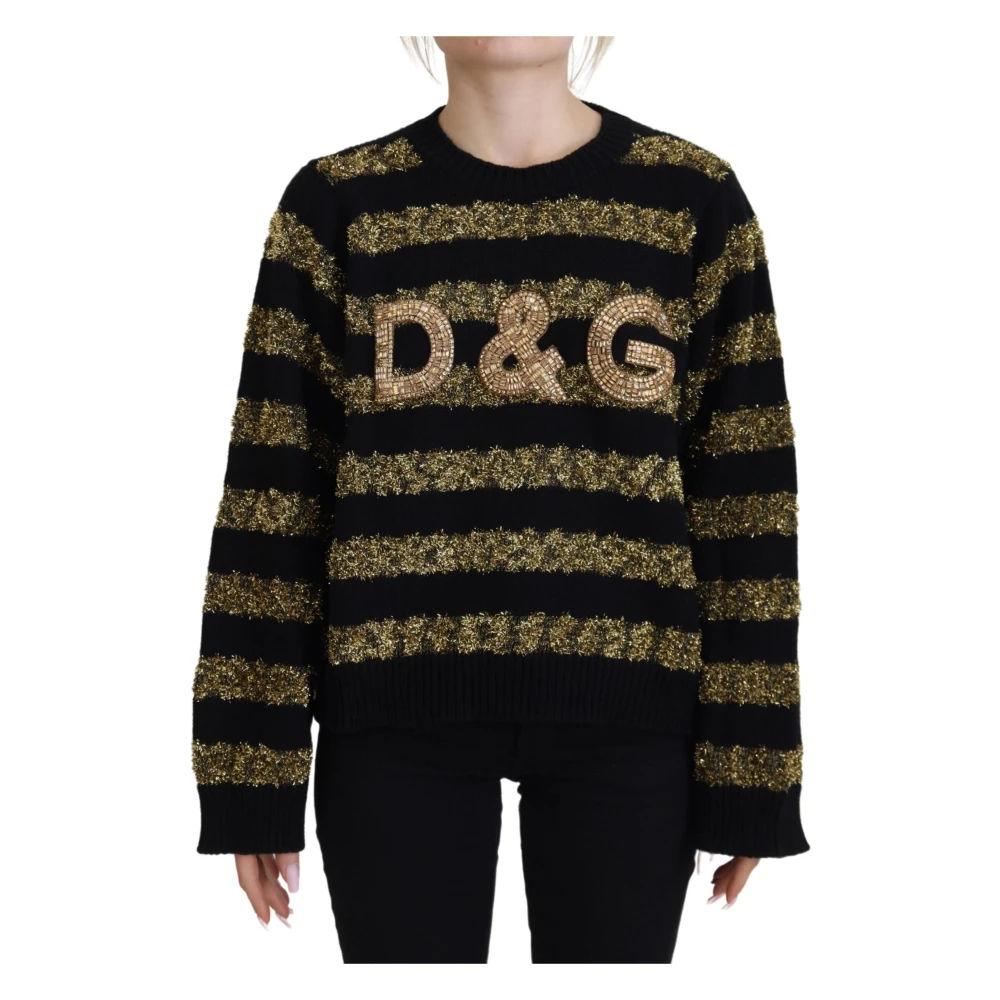 Dolce & Gabbana Women's Black Crystal Cashmere Jumper - Gold - Round-Neck Knitwear - Xs - Knitwear