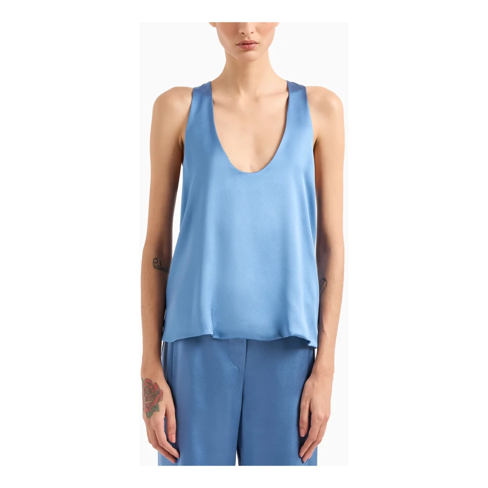 Giorgio Armani Zijden Mouwloze Ronde Hals Top Blue Dames
